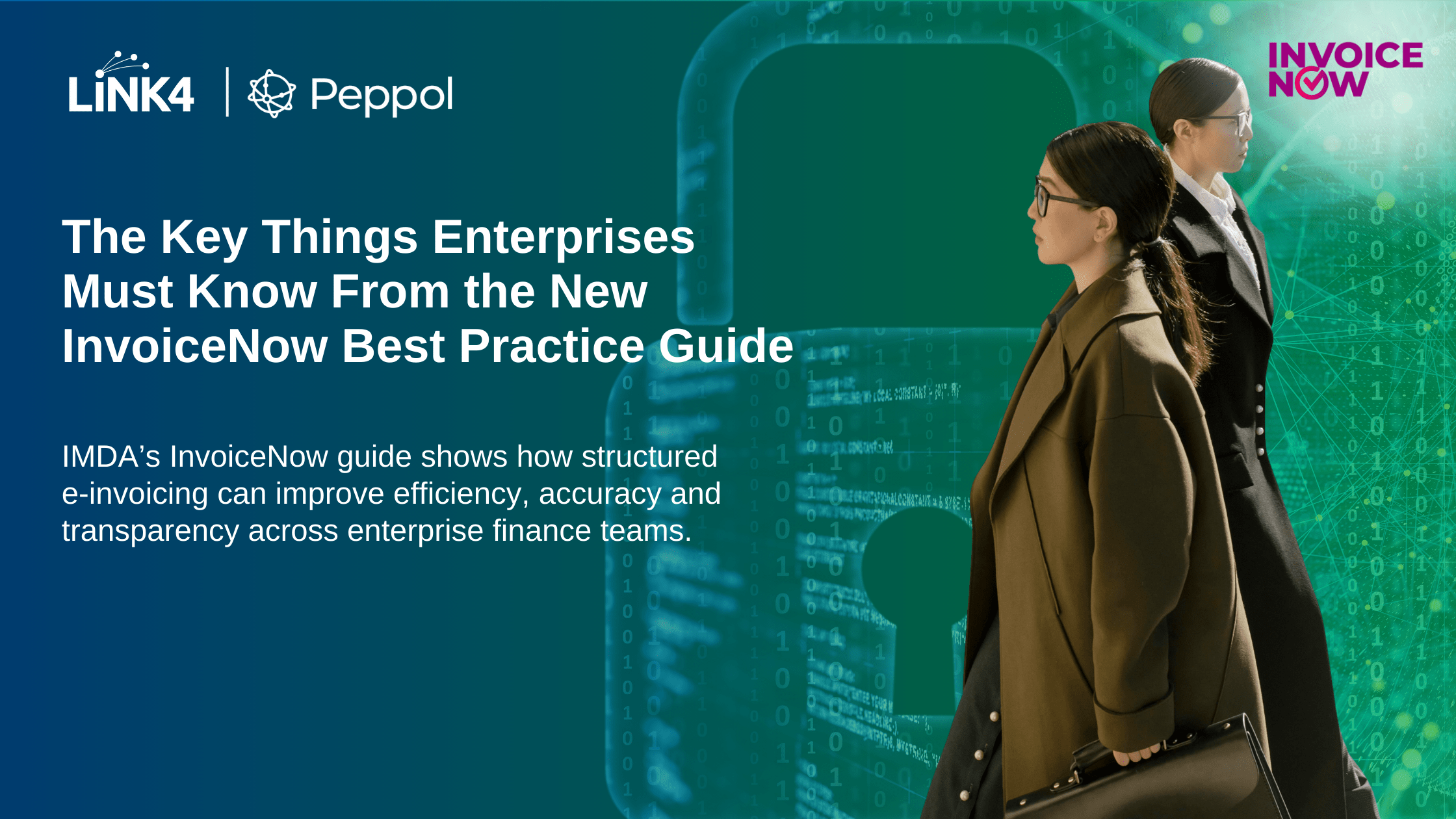 Key enterprise requirements from IMDA’s InvoiceNow Best Practice Guide highlighting structured e-invoicing via Peppol to improve finance efficiency and accuracy.