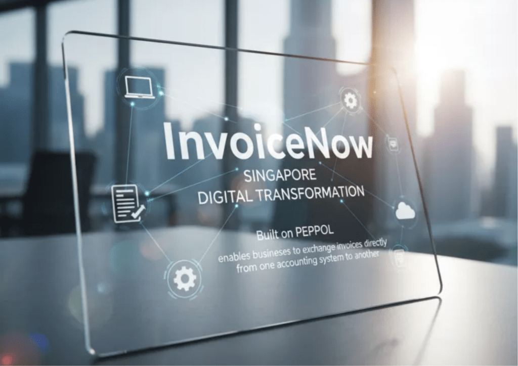 InvoiceNow Singapore digital transformation concept showing Peppol-based structured e-invoicing connecting enterprise accounting systems.
